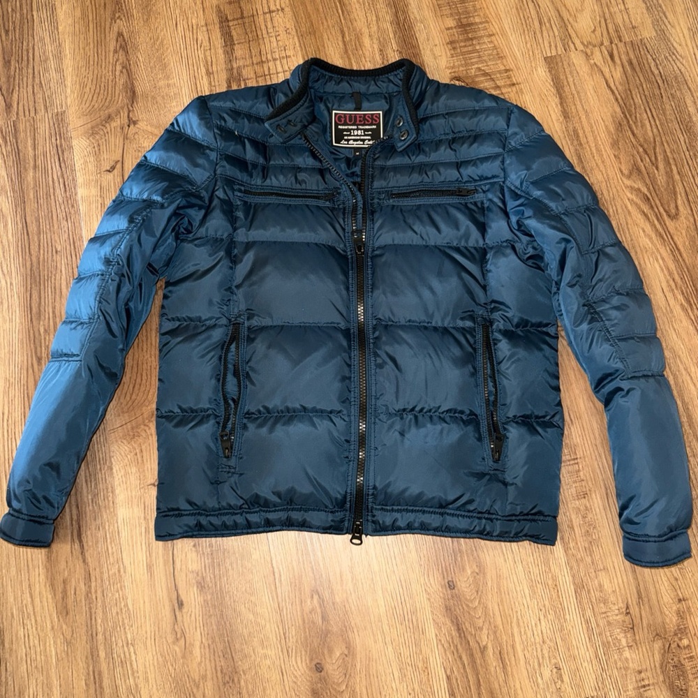Men’s Navy Blue Moto Style Guess Los Angeles Jacket Size Medium - Picture 3 of 10